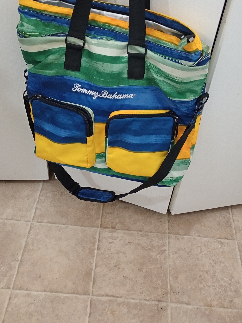 Tommy Bahama Blue, Green & Yellow Striped Duffel Tote